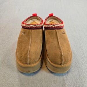 UGG Tazz Platform Slipper Chestnut Suede Red Braid Womens Size 6